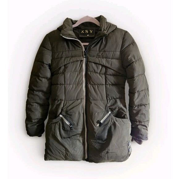XSY Puffer Jacket Winter Coat Juniors Large L LG Olive Green Hooded Quilted Warm - Picture 1 of 12